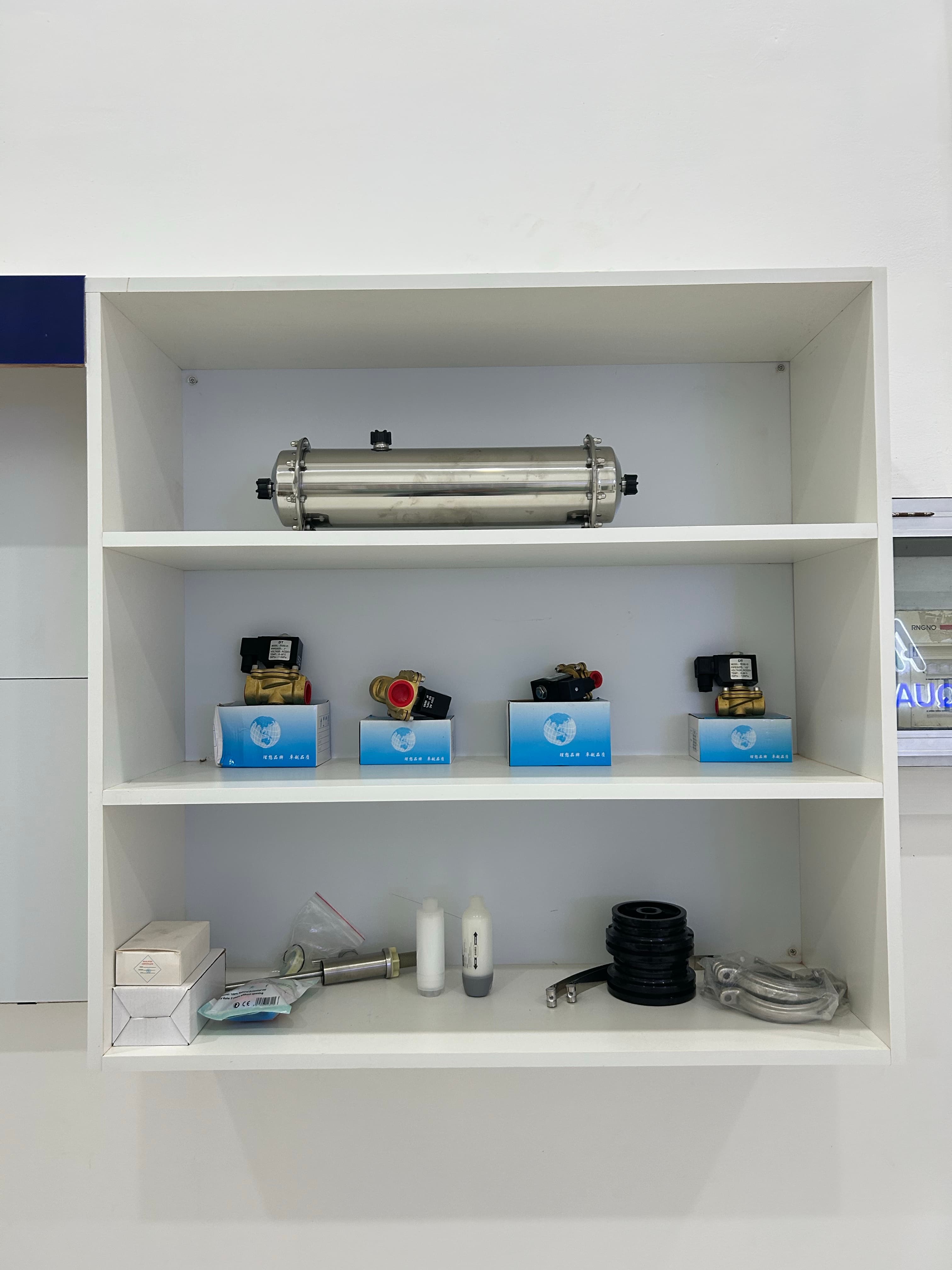 RO spare parts shelf at AQUAPOLAR Yangon showroom
