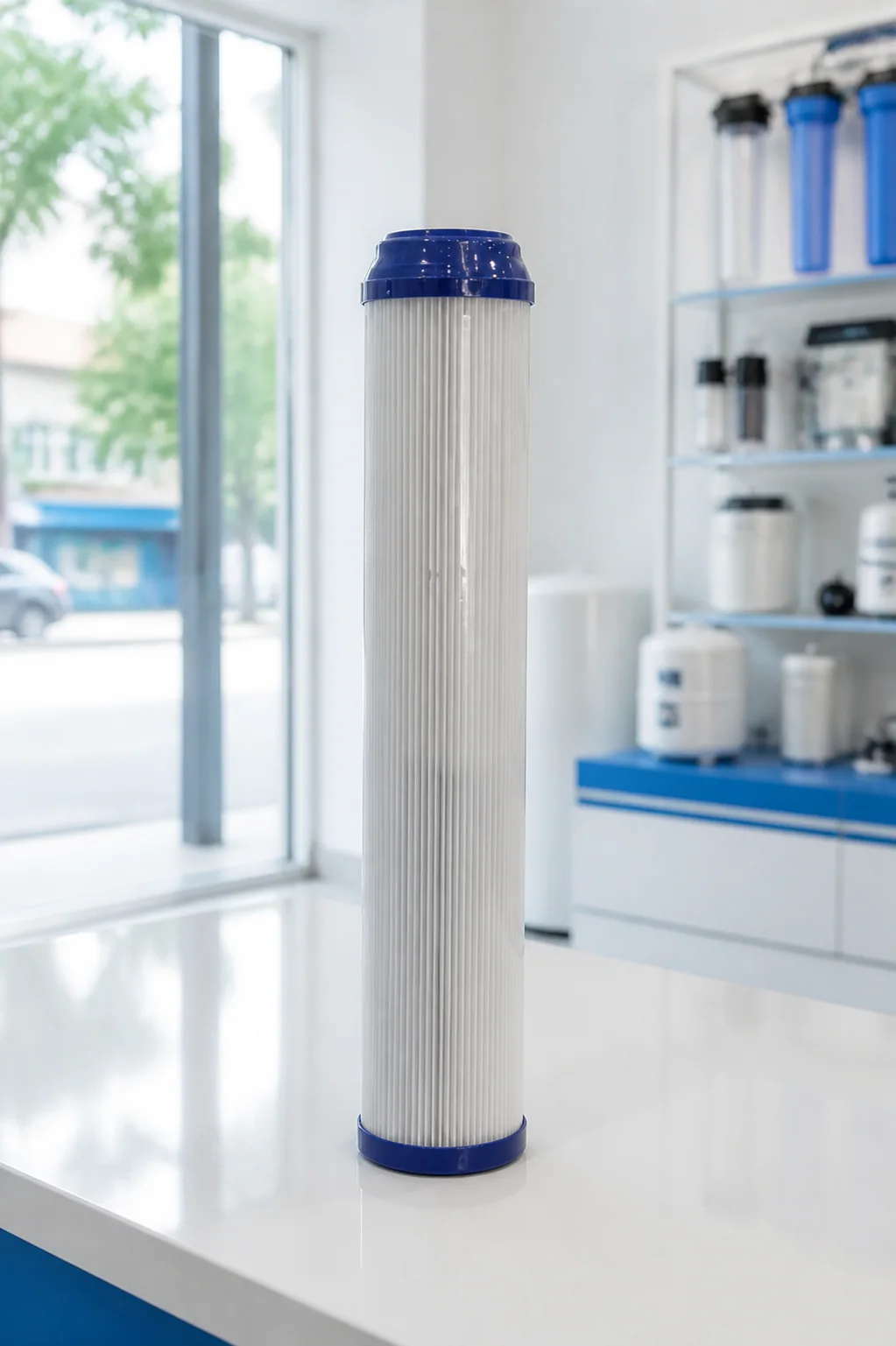 AQUAPOLAR 20-inch UDF filter in a clean showroom scene