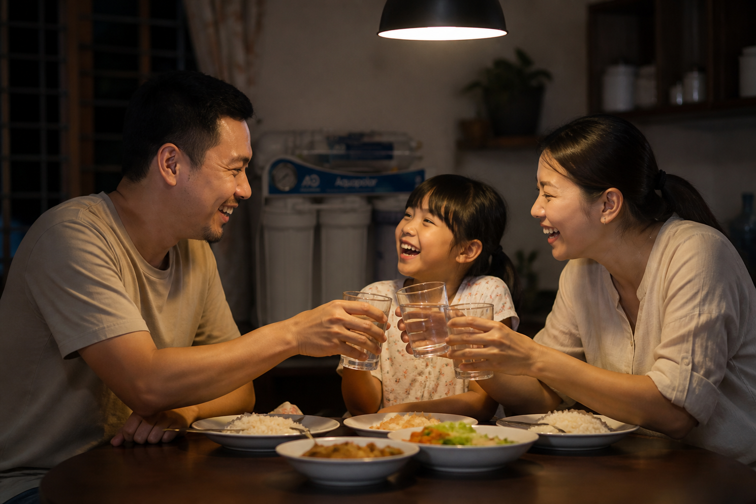 Family toasting clean water at home