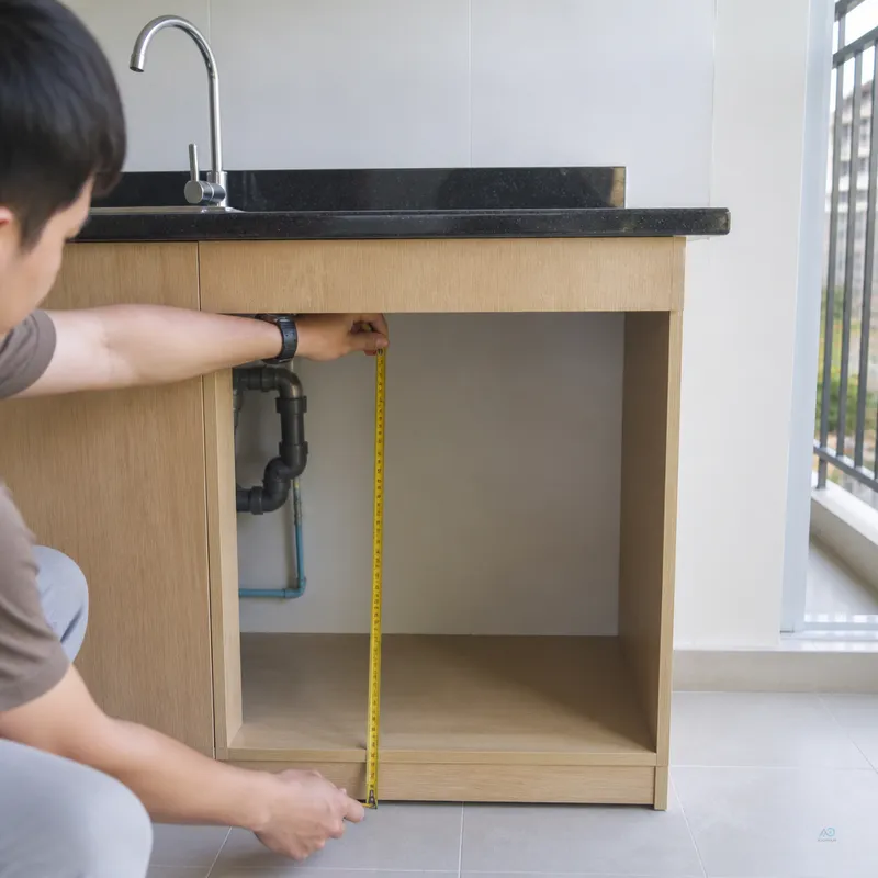 Under-sink cabinet measurement for RO machine and storage tank installation in Yangon home