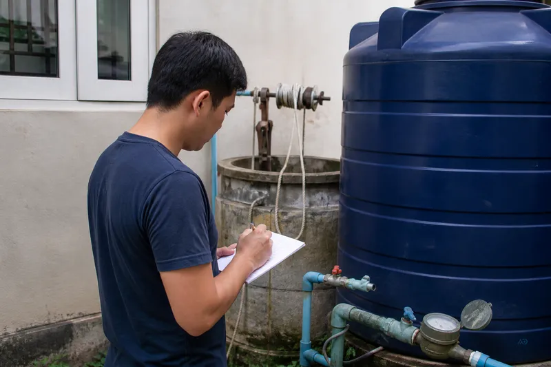 Homeowner noting water pressure and source before RO quote