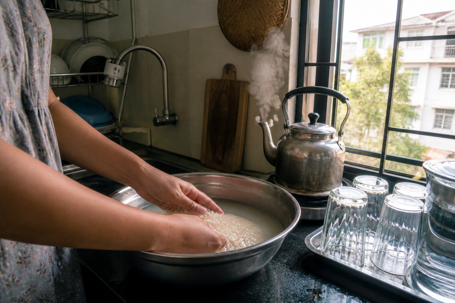 Rice wash, soup, and tea — same morning water pull