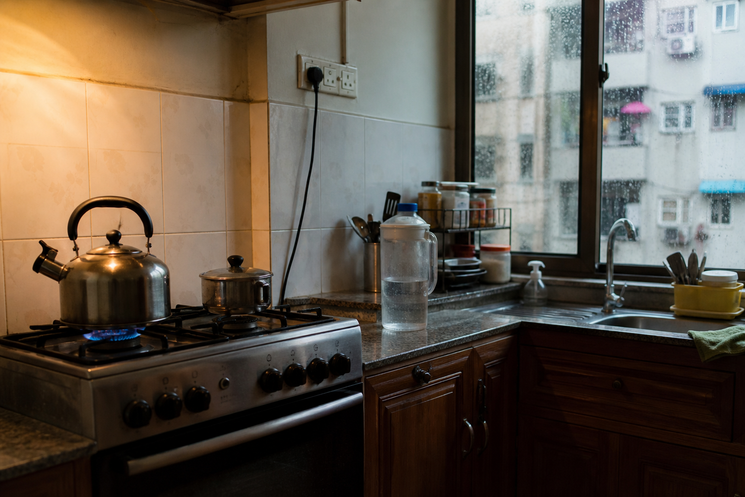 Yangon kitchen — tea kettle and cooking with home water