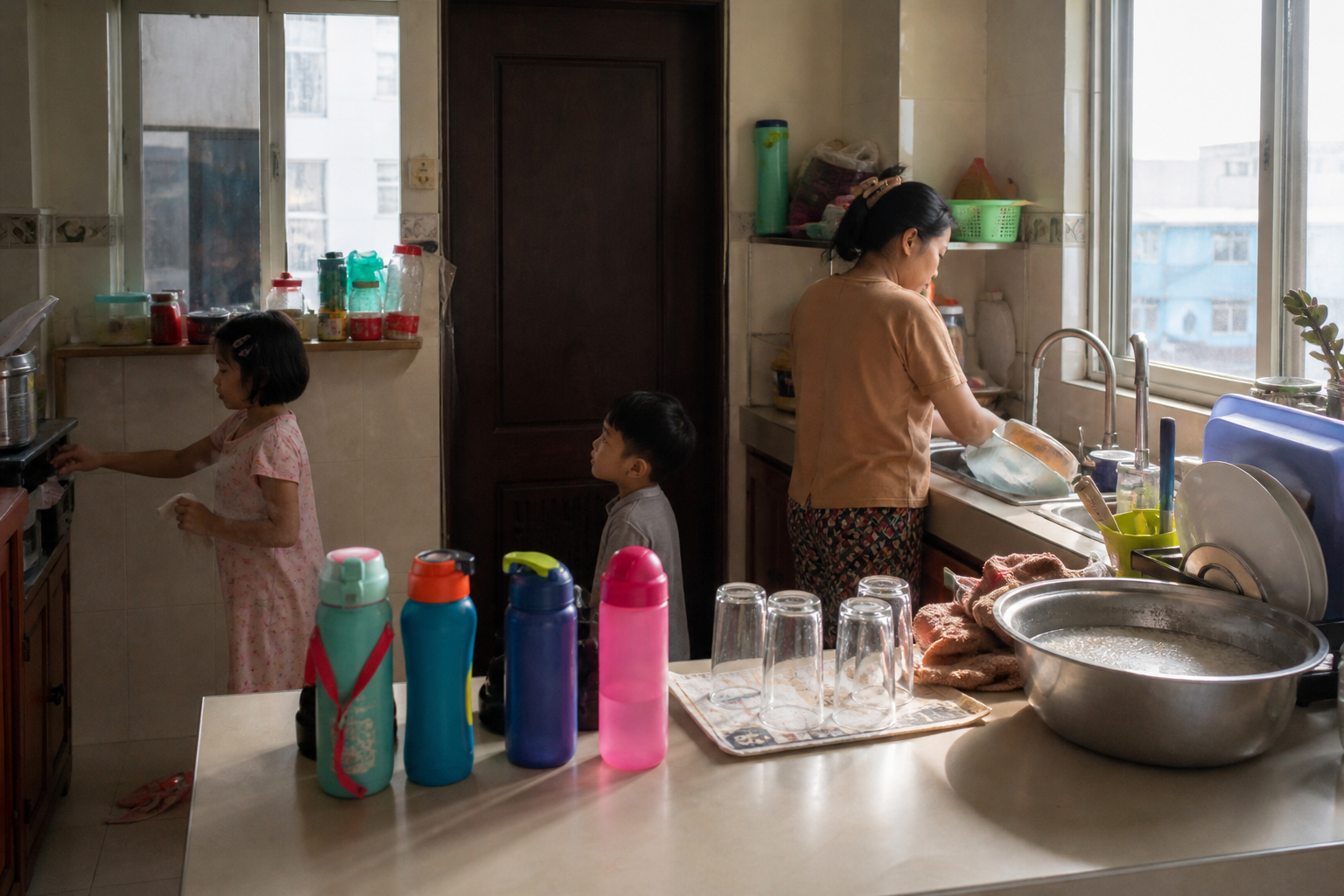 Yangon home — kids bottles, guests, rice wash sharing one RO