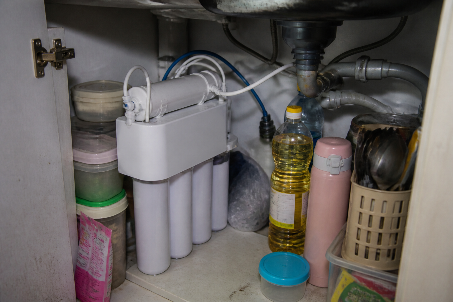 Compact under-sink style home RO in a cabinet