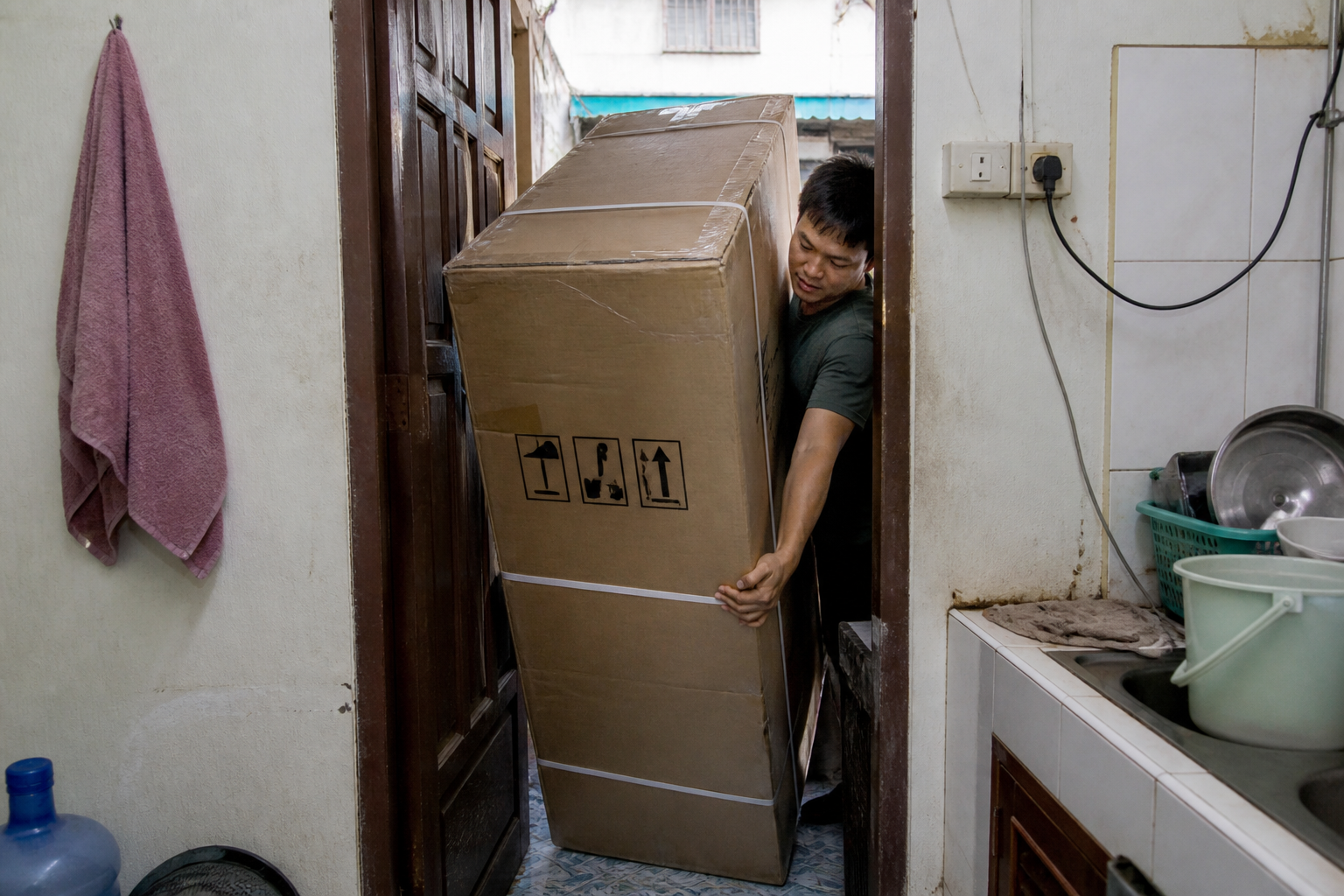 Oversized box stuck in a small kitchen doorway