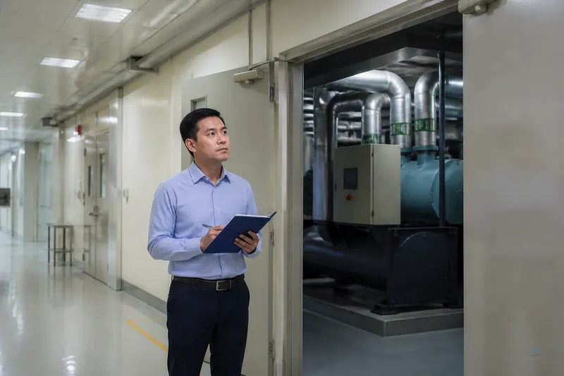 Hospital facilities team reviewing cooling tower zoning at AQUAPOLAR engineering consult