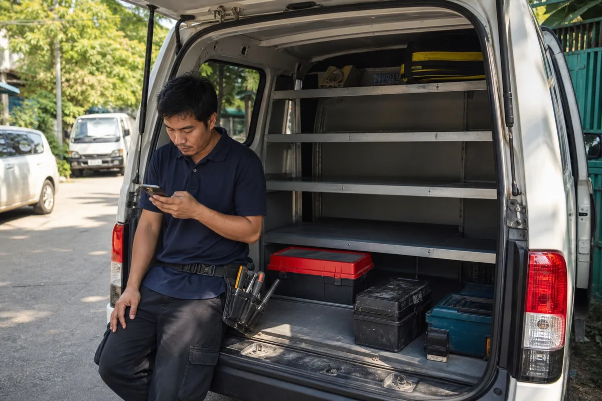 Yangon installer checking stock on phone before the van leaves