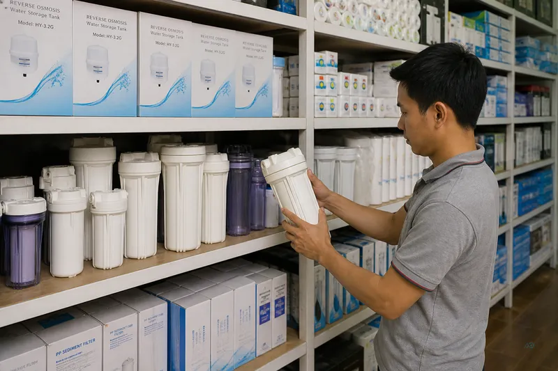 Ready-stock RO parts shelf — technician selecting the right size