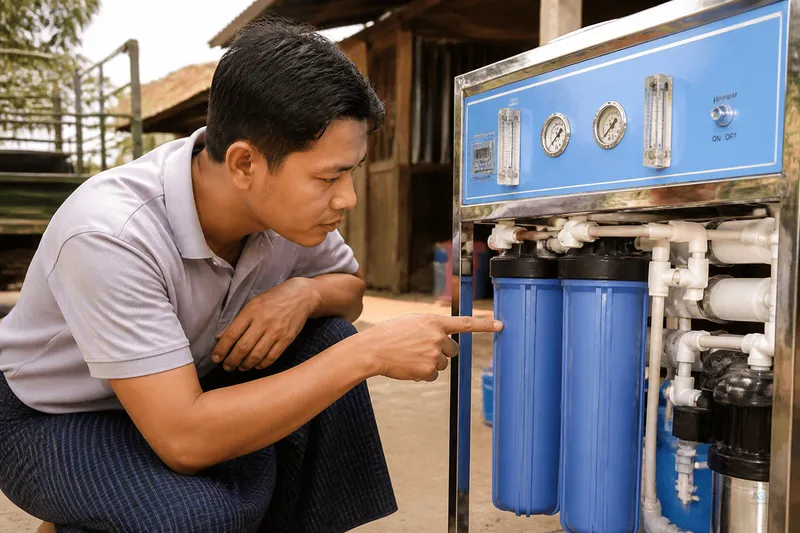 Myanmar buyer verifying local RO support at the AQUAPOLAR showroom