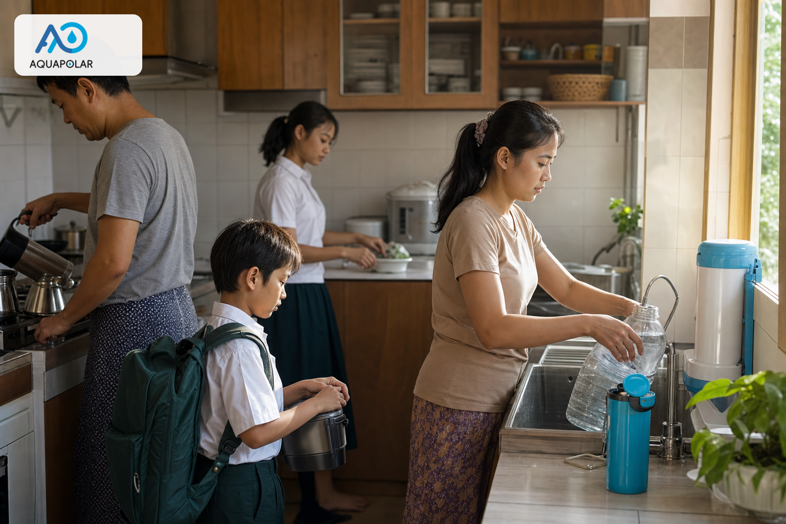 Yangon home morning — family waiting on purified water