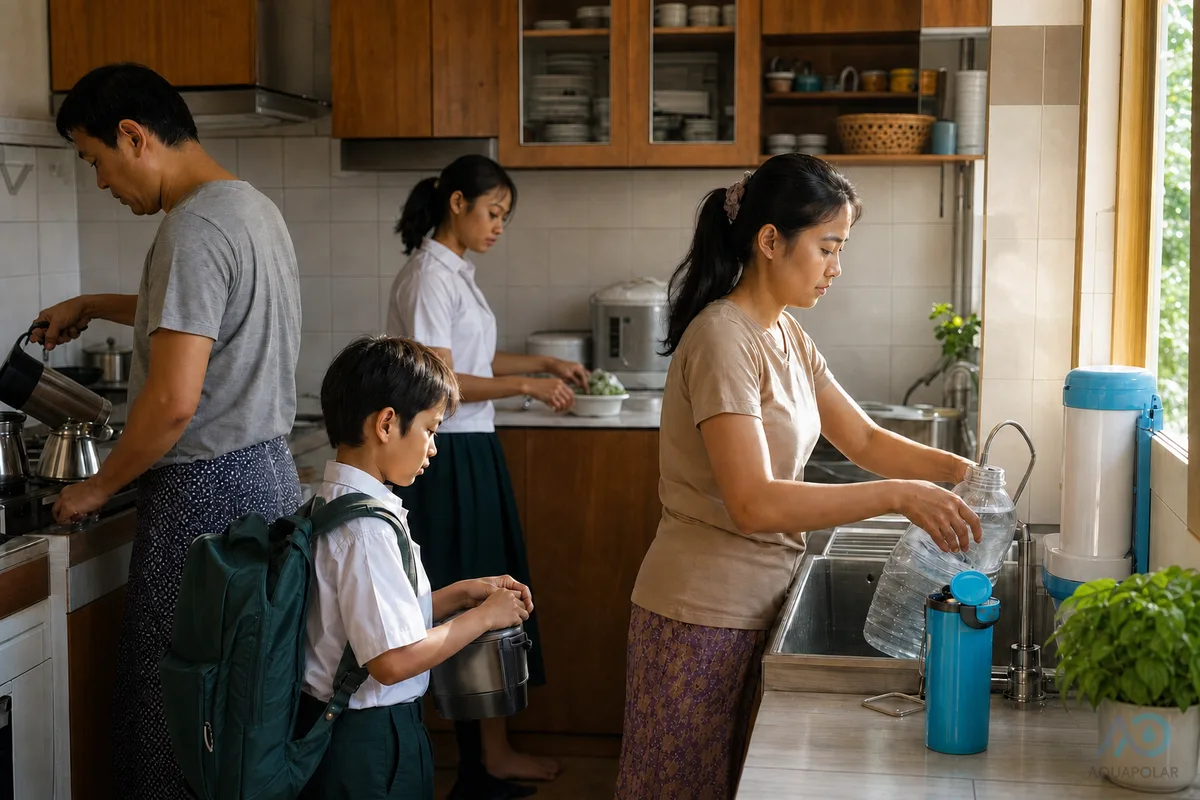 Yangon family preparing purified water during the morning rush