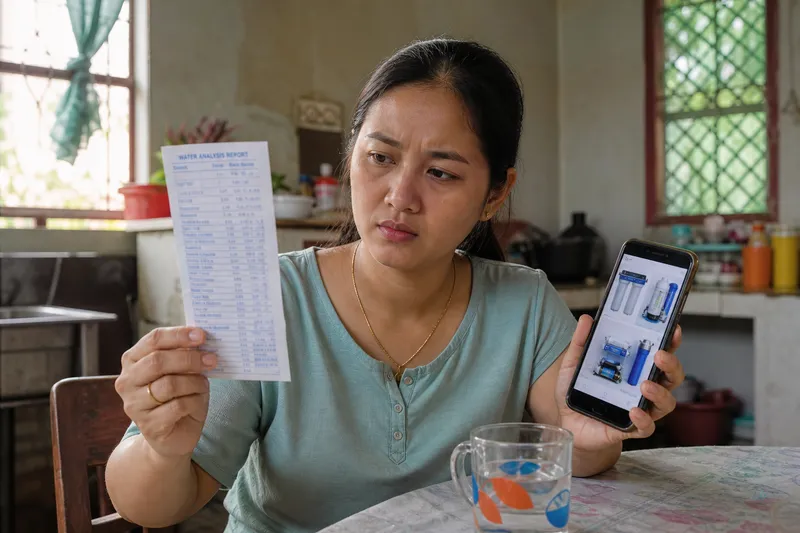 Homebuyer comparing a well test slip with RO product ads on a phone