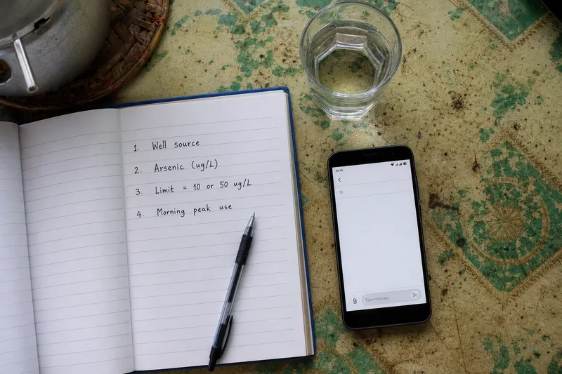 Notes for Viber: well source, arsenic µg/L, limit used, and morning peak use