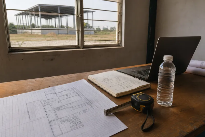 Bottled water factory planning desk in Yangon — site notes, source-water results and layout sketches before approval work begins