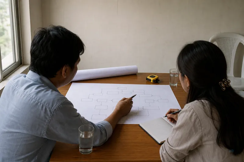 Project discussion at a table — draft process flow and site notes under review, no certificate on display