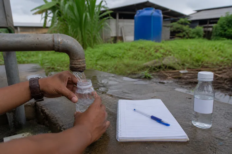 Source-water sampling for a factory project — borehole and municipal tie-in noted with a sample bottle and site notebook