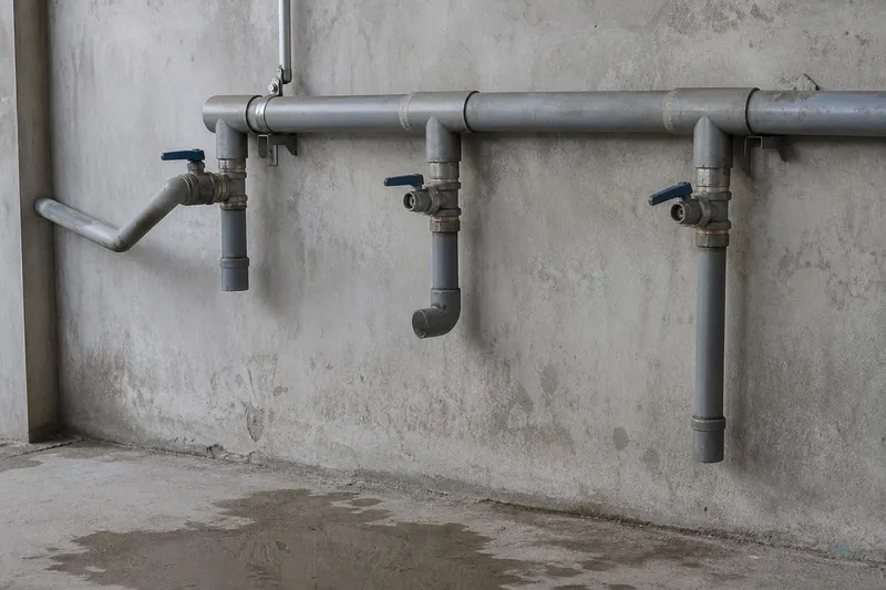 Process water tapping points in a factory — pipework branching to production, cleaning and utility use