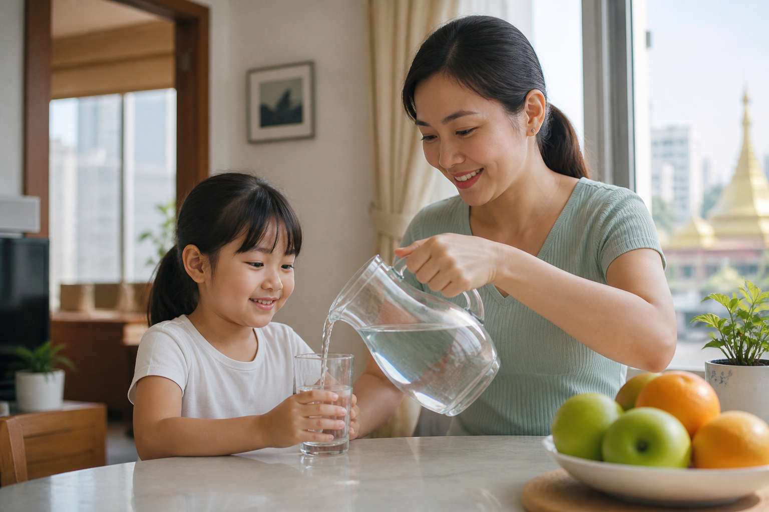 Family drinking clean water at home