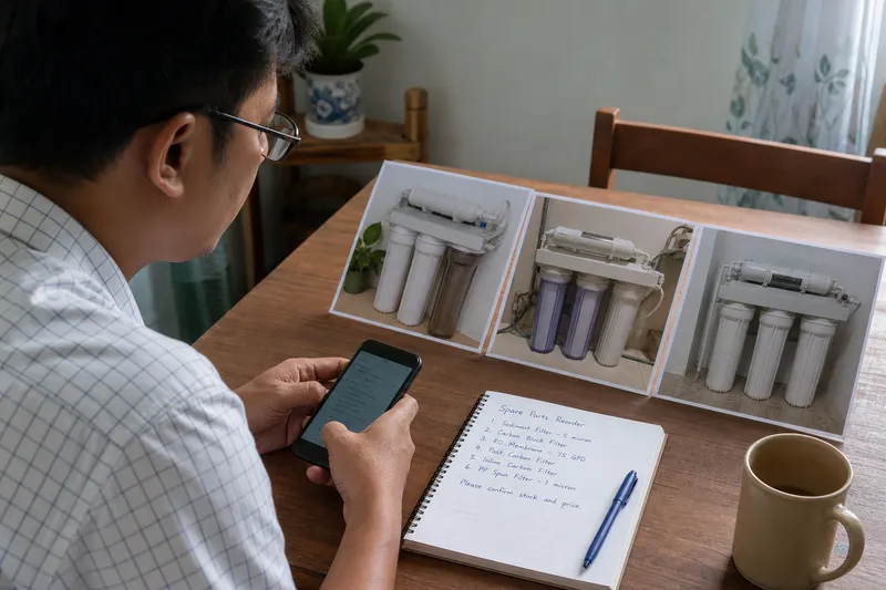 Owner preparing spare-parts photos and notes before Viber