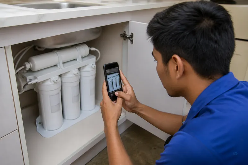 Technician photographing RO housing labels for a reorder record