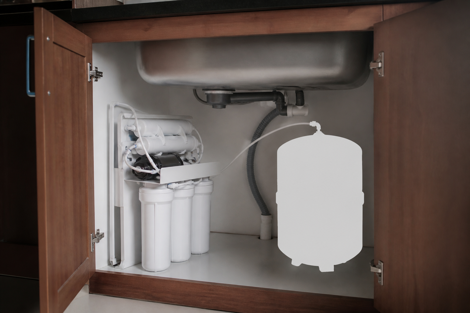 Home RO unit and storage tank space in a Yangon kitchen