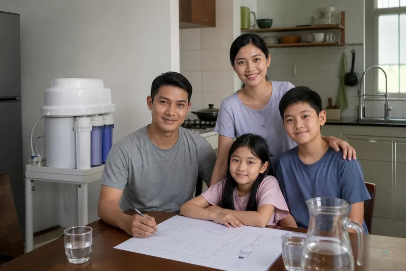Myanmar family discussing RO tank and class fit at the AQUAPOLAR showroom