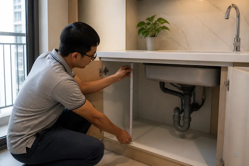 Homeowner measuring under-counter cabinet space for RO unit and tank