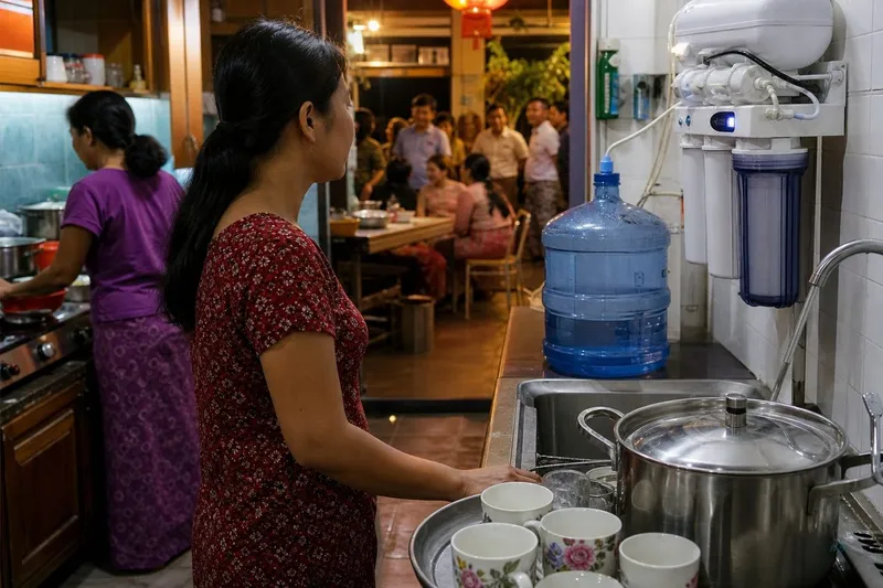 Holiday peak hour — guest drinks, cooking and late-night tea on home RO